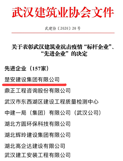 喜讯！楚安集团获评武汉建筑业抗击疫情“先进企业”