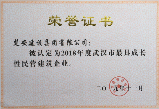 楚安建设获评“2018年度武汉市最具成长性民营建筑企业”